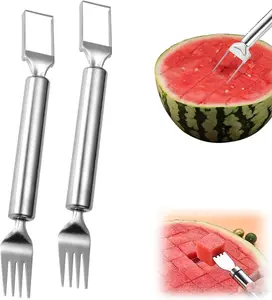 【summervibes】2-in-1 Stainless Steel Fruit Cutter, Watermelon Cutter, Stainless Steel Watermelon Fork Slicer, Watermelon Cutter Slicer Tool Fruit Forks Slicer Knife Kitchen Gadgets for Family Parties Camping super brand day