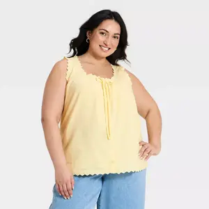 Women's Sleeveless Ruff Trim Button-Up Front Tie Woven Tank Top - Ava & Viv Yellow 3X