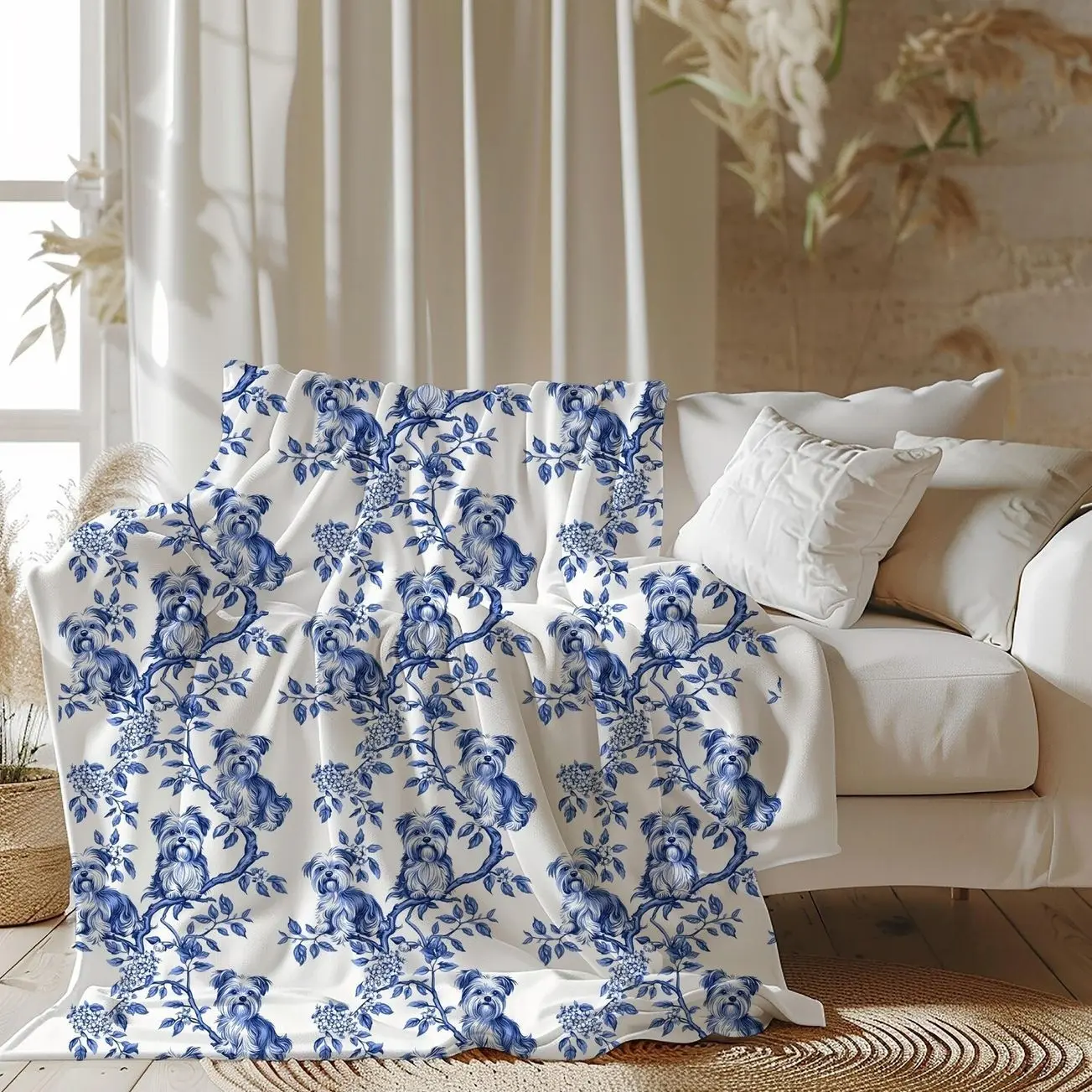 Yorkshire Terrier Blue Chinoiserie Toile De Jouy Fleece Blanket, Custom Blanket For Dog Mom & Dad, Cozy Couch Bed Throw, Christmas Gift