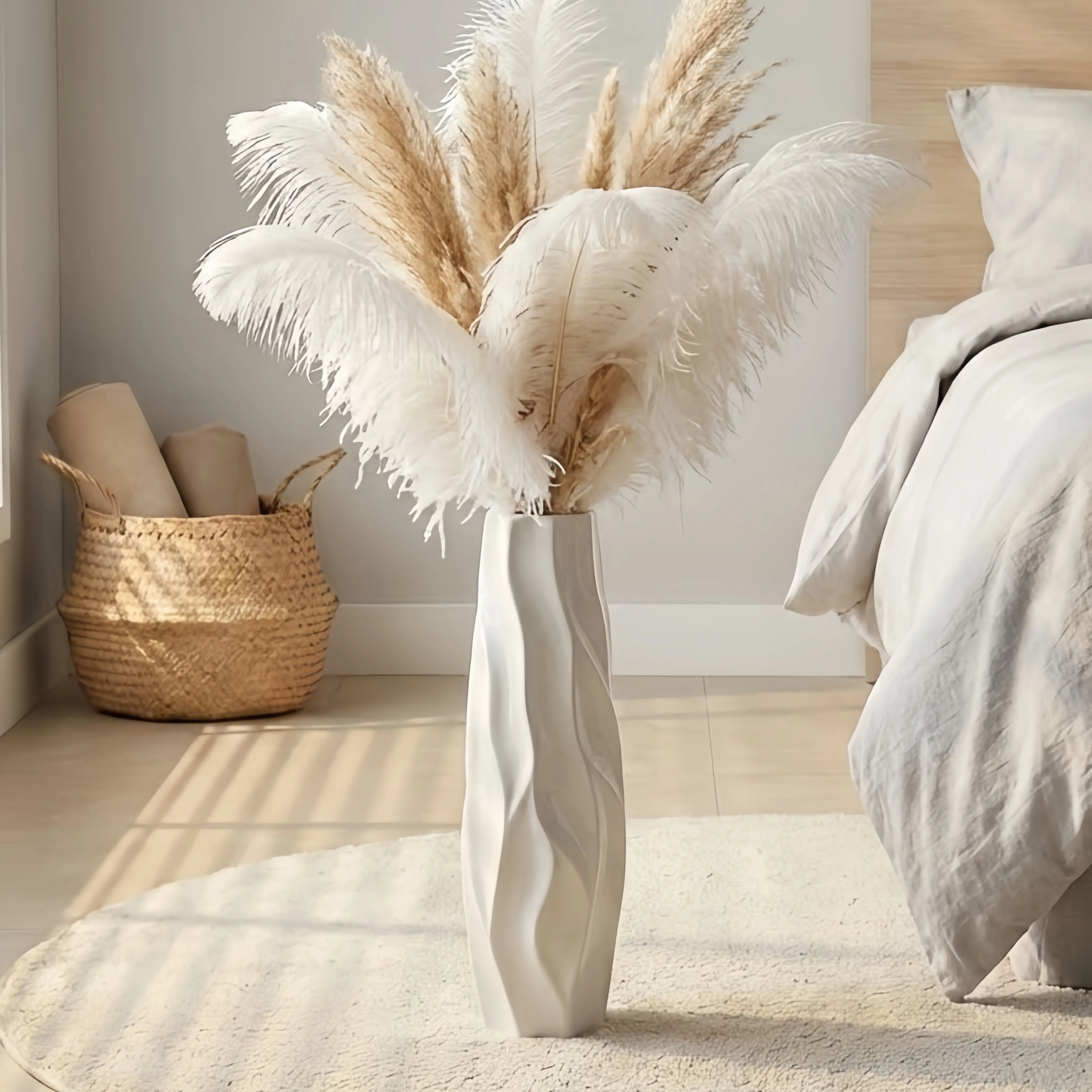 Large White Ceramic Floor Vase, 24 & 28 Inch Tall, Textured Ribbed Wave Design, Modern Minimalist Pottery for Pampas Grass, Dried & Faux Flowers, Boho Farmhouse Home Decor for Living Room & Entryway