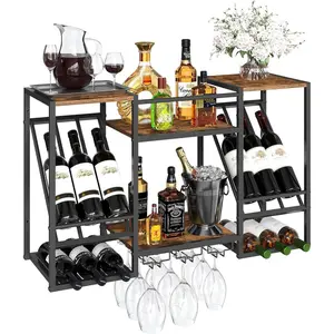 Wall Mounted Rack, 3-Tier Wall Wine Rack, Floating Shelf with Wine Glass and Bottle Holders, Display Storage Shelf, for Dining Room, Kitchen, Living Room, Rustic Brown and Black BF23BJ01