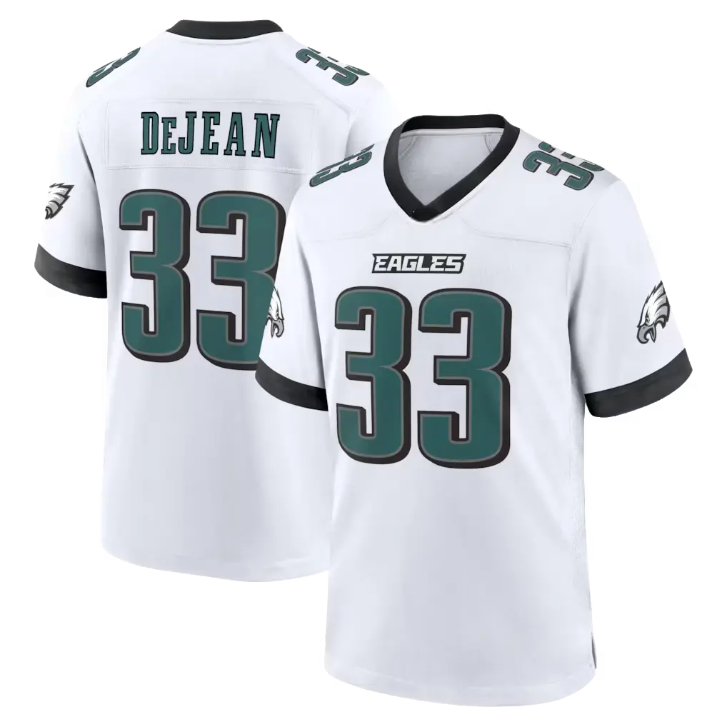 Full Print Midnight Green/White DeJean 33 Football Jersey, Men's Breathable V Neck Short Sleeve Athletic Shirt, Team Game Uniform, Sports Fan Apparel, Unisex Gift for Football Fans