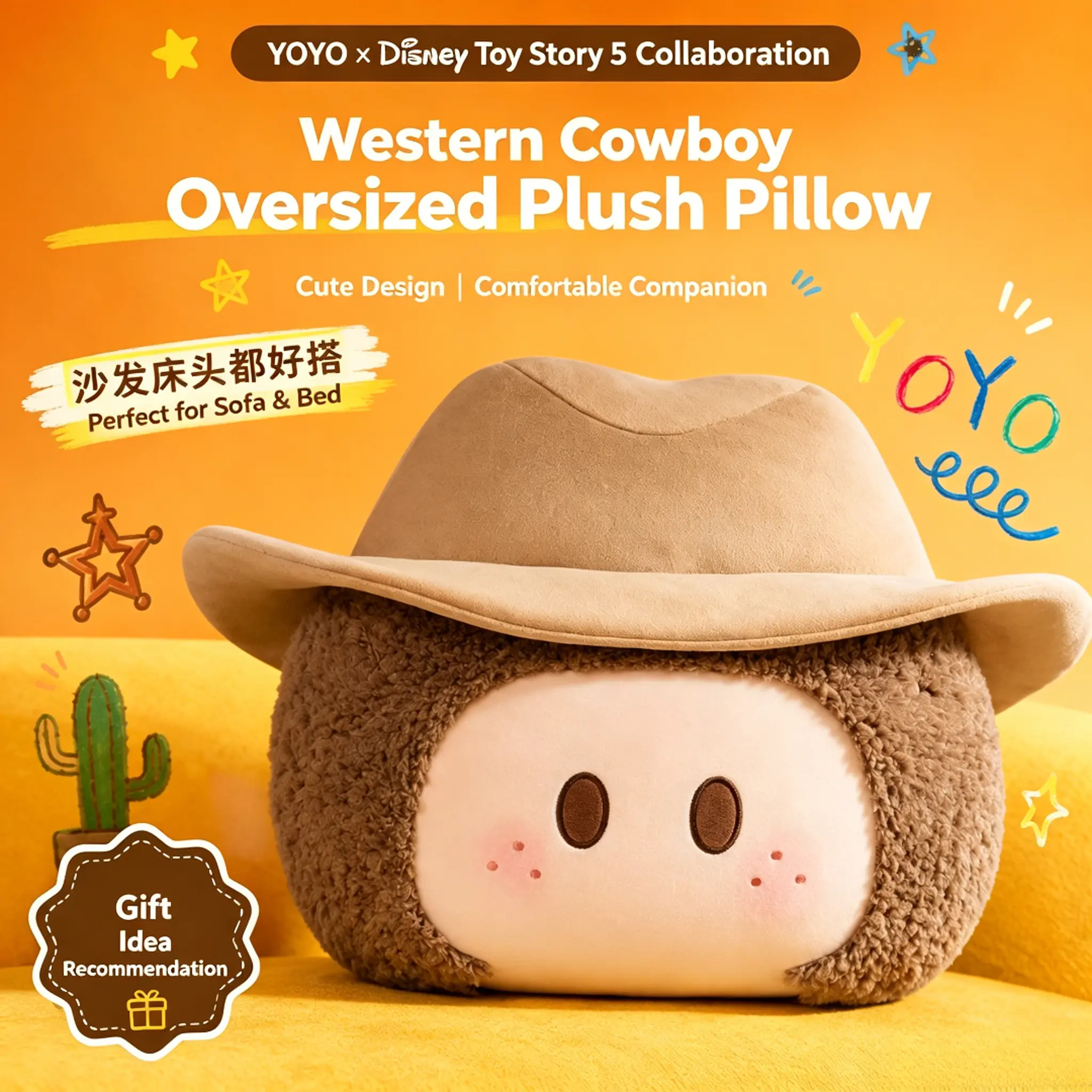 YOYO Collaboration Disney Toy Story 5 Western Cowboy Giant Plush Throw Pillow, Soft Stuffed Cushion for Sofa Bed Decor, Perfect Gift for Kids & Cartoon Fans, Back To School