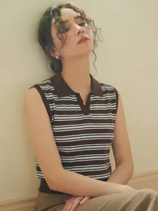 Elegant Women's Spring Summer Fashion Knitted Striped V-Neck Sleeveless Sweater Vest, Casual Home Wear Office Style Womenswear Knitted Vest Top