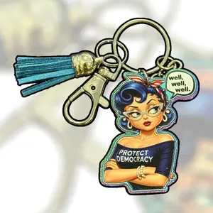 Well Well Well Keychain/Bag/Purse Charm - Protect Democracy Retro Girl | Funny Political Key Ring with Claw Clip, Durable Acrylic, Eye-Catching Design