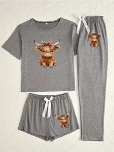 Women's Three-Piece Pajama Set, Highland Cow Print, Casual and Elegant, All-Season Comfortable Sleepwear