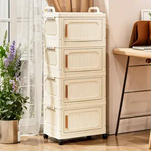 Foldable Slender Storage Bin with Lids 4-Tier Stackable Organizer 23 QT Box with Wheels Rolling Bookshelf for Home Office Bedroom Kitchen Study