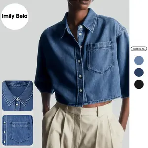 Imily Bela Womens Crop Denim Shirt Half Sleeve Button Down Short Jean Jacket with Pocket