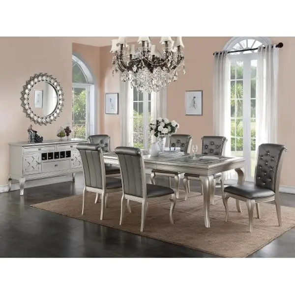 Bellemave 7-Piece Italian-Style Dining Room Set - Rectangle Glass-Top Table with Silver Hue, 6 Tufted-Back Side Chairs, Exquisite Craftsmanship for Formal Dining
