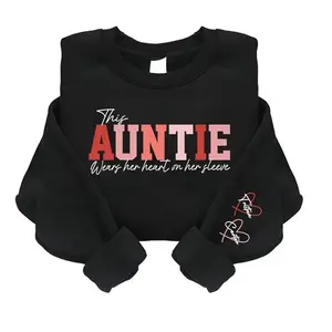Custom Auntie Sweatshirt with Kids Names on Sleeve, This Auntie Wears Her Heart on Her Sleeve Shirt, Personalized Mother's Day Gift, Funny Aunt Gift
