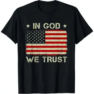 Vintage Old American Flag in God We Trust Tshirt Christian T-Shirt Pure Cotton Graphic Tees Menswear Top: Gifts for Men & Women