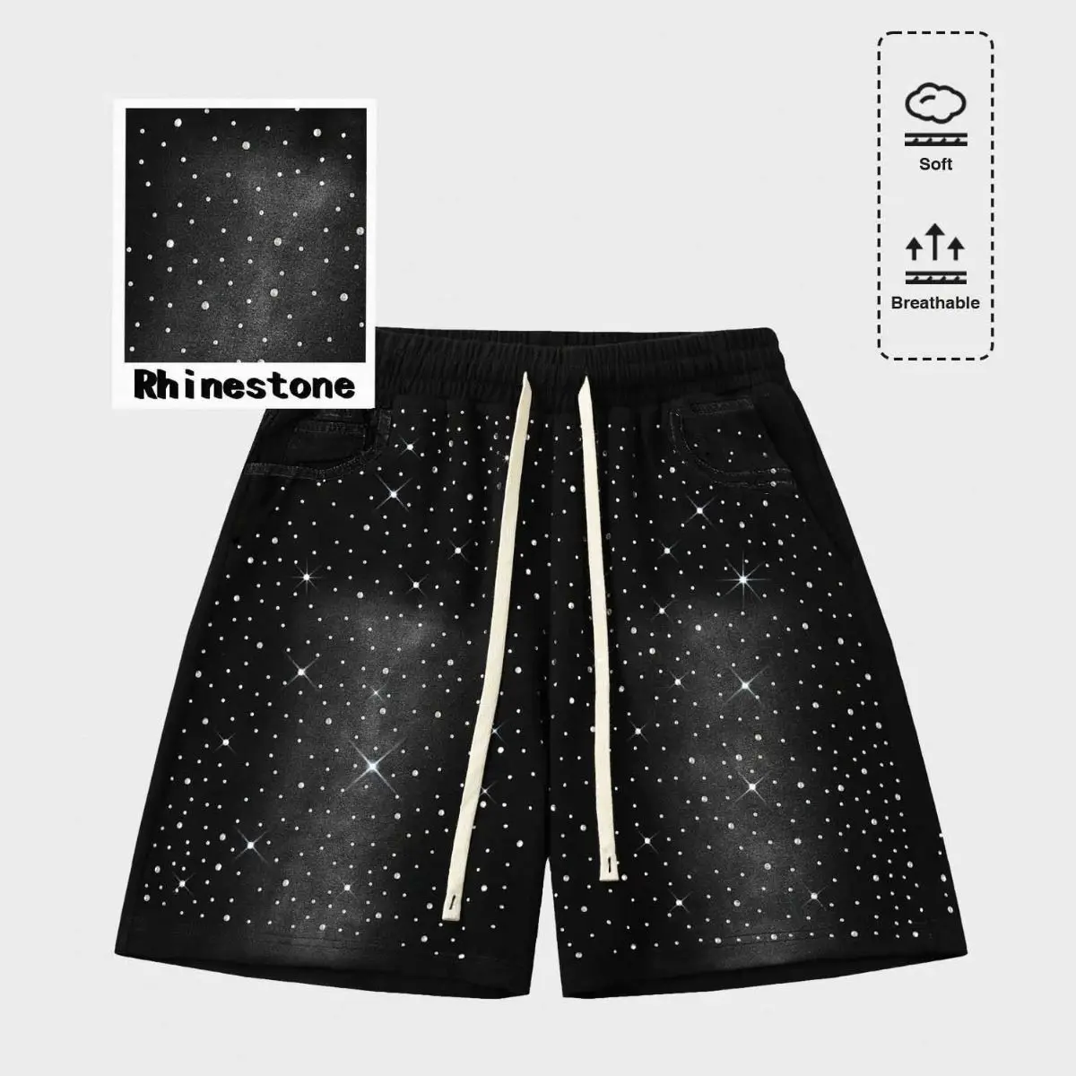 Men's High-Street Ditsy Shorts with a Distressed Gradient Print, Casual Loose Straight Fit and an Elastic Drawstring Waist