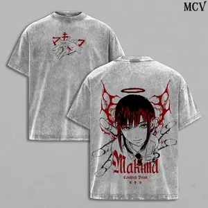 Makima Chainsaw Man Tee – Vintage Washed Oversized Heavy Cotton T-Shirt, Anime Manga Streetwear Top, Unisex Retro Graphic Tee for Fans, Movie Inspired Cosplay Style
