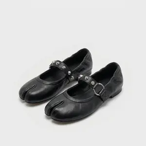 Women's Classic Tabi Flats giving vintage ballet vibes with edgy stud details, comfy retro flat shoes, soft leather everyday wear spring summer