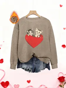 Cute Heart Twin Cats Faux Fur Round Neck Top, Soft Plush Thick Warm, Healing Hand Drawn Print, Fall & Winter Casual Fitted Sweatshirts