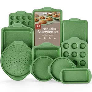 BAKKEN Kitchen Baking Pan Set - Nonstick Green Marble Coating, Carbon Steel Bakeware Sets with Green Silicone Handles, Kitchen Essentials, PFOA, PFOS, PTFE Free, Oven Safe (Up To 450° F), Set of 10