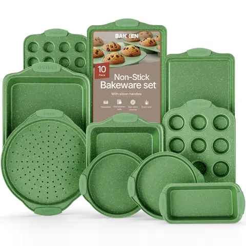 BAKKEN 10-Piece Nonstick Carbon Steel Baking Set - Green Marble Coating, Heat-Resistant Green Silicone Handles, Food-Grade PFOA/PFOS/PTFE-Free, Oven-Safe Up To 450°F, Baking Supplies, Bakeware, Square, 10-Pan Coverage Kitchen Essential