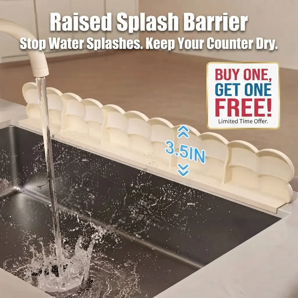 Buy One Get One FREE Silicone Sink Splash Guard, Kitchen Sink Edge Water Barrier, Countertop Splash Protector with Suction Cups, Reusable Water Blocker for Kitchen & Bathroom