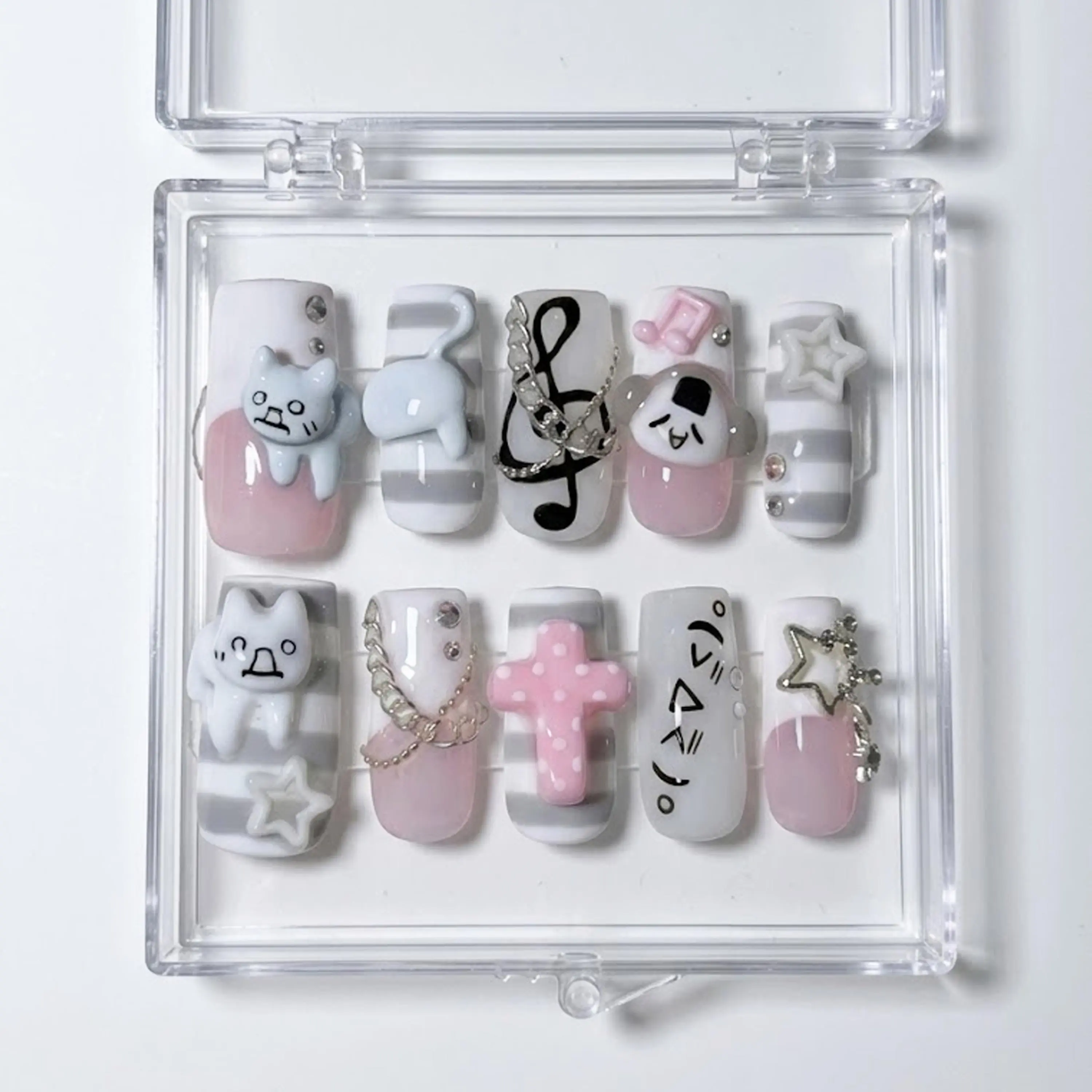 Kawaii Cat Press On Nails, 3D Cartoon Music Note Design, Pastel Coquette Set
