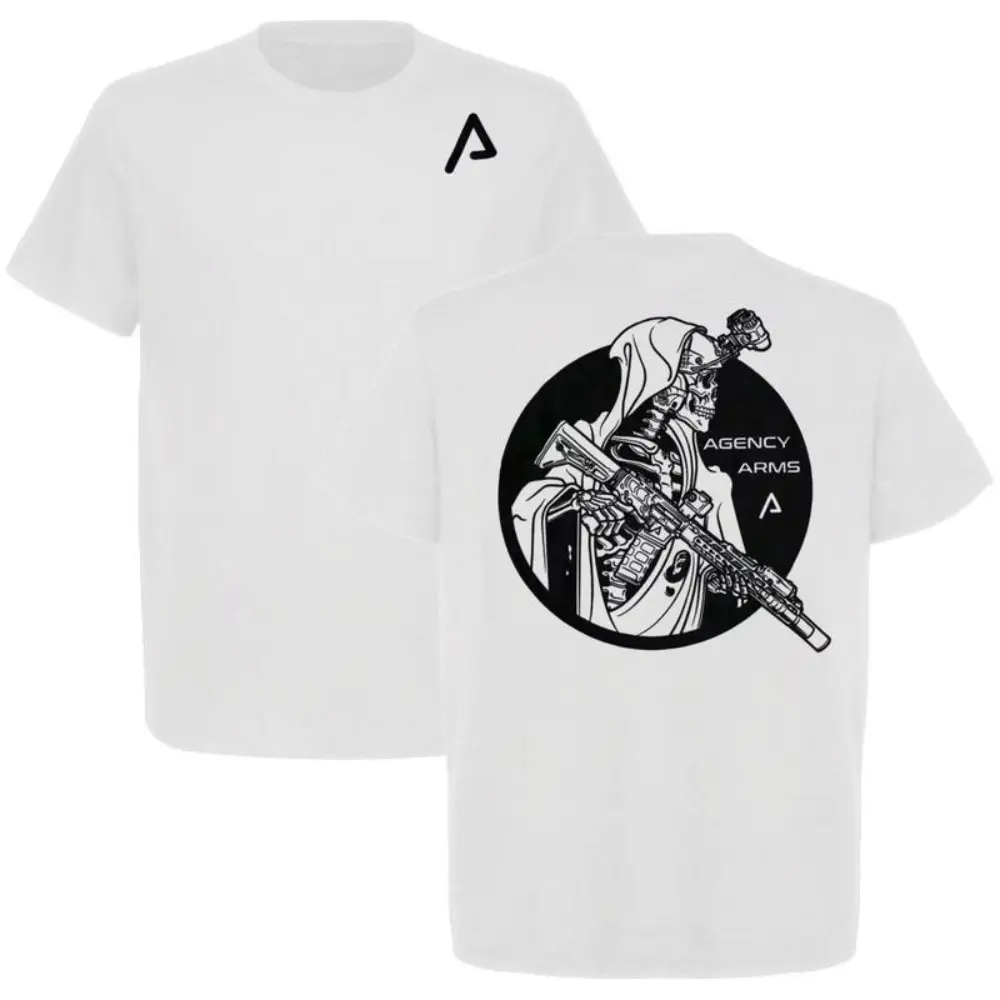 Men's Agency Arms Reaper Graphic Short-Sleeve Round Neck Cotton T-Shirt - Soft Streetwear Top, Tactical Apparel with Full-Colour Embroidered Design, Premium Fabric for Classic American Style Fans