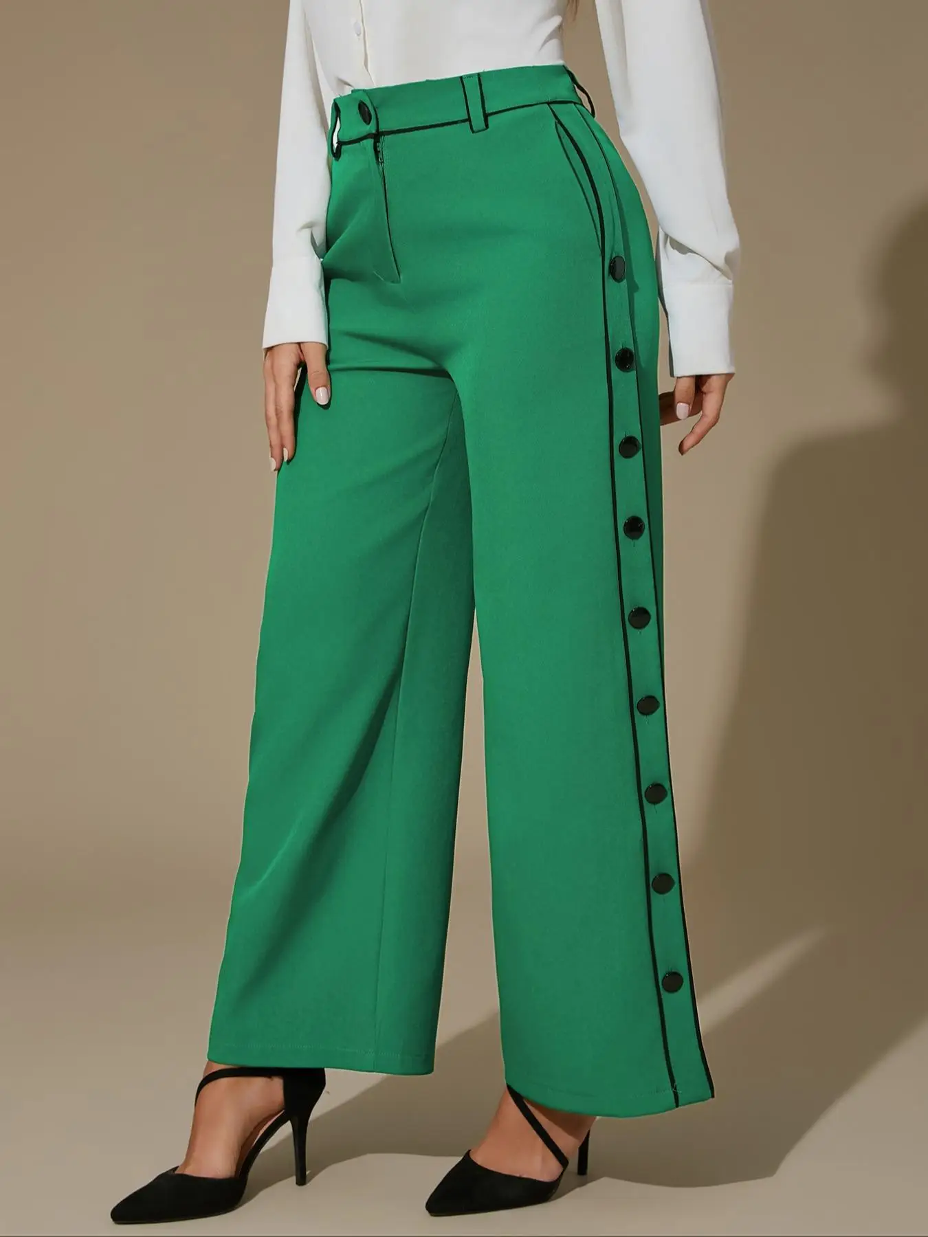 New Women's Fashion High Waist Wide Leg Pants, Colorblock Design, Adjustable Side Slit, Elegant Commuter Street Style, No Belt Included