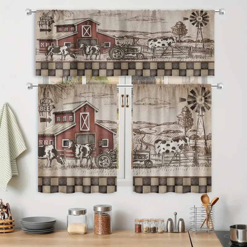 Farmhouse Window Curtains - 2-Panel Rod Pocket Ruffle Tier Drapes, Vintage Floral & Cow Windmill Sketch Design, Darkening Double-Layer Lined Custom Home Decoration Curtain for Kitchen, Living Room Small Windows