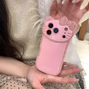 Macaron Diamond Cat Lens Phone Case For iPhone 14 15 16 17 Pro Max Acrylic Back with Rhinestones, Korean-Style Cat Girl Trend Case