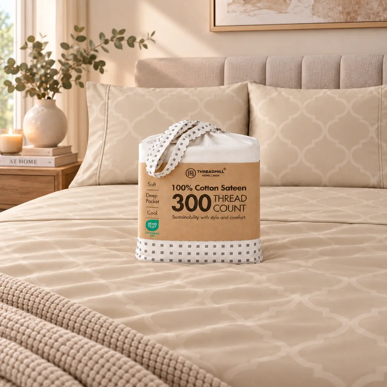 Threadmill Home Linen 100% Cotton 300TC Jacquard Sheet Set, Luxury Breathable Soft Bedding Sets, Cooling Durable, Fade Resistant, Home Bedroom Decor, OEKO-TEX Certified