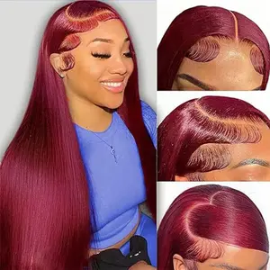 99J Burgundy Straight Human Hair Wigs 13X6 HD Transparent Lace Frontal Wigs 180% Density Brazilian 99J Body Wave Lace Front Human Hair Wigs For Women
