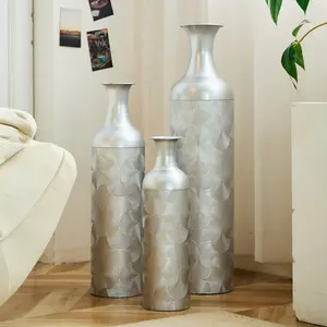 Silver Metal Vases, Set of 3 Modern Floor Vases with Wave Pattern for Home Decor, Tall Cylinder Flower Vases for Living Room Office (32.68, 25.98, 19.69 Inch)