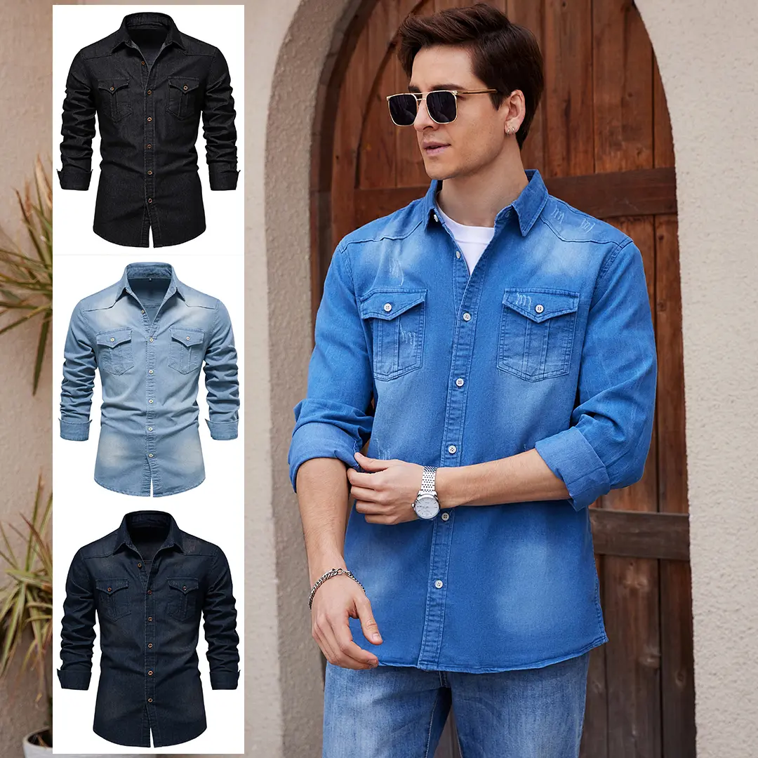 Men's Denim Shirt Long Sleeve Slim Fit Jean Shirt for Men Button Down Causal Striped Denim Shirts