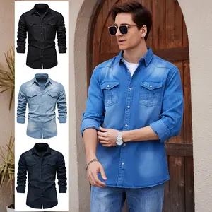 Men's Denim Shirt Long Sleeve Slim Fit Jean Shirt for Men Button Down Causal Striped Denim Shirts