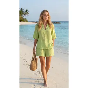 2026 Spring/Summer Women's Solid Color V-neck Linen-Cotton Casual Top and Shorts Two-Piece Set tiktokshopspringglowup