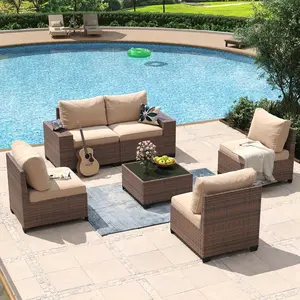 【2 Packages Shipping】Aoxun 6 Piece Patio Furniture Set with Wide Armrests Wicker Rattan Outdoor Sectional Sofa Set with Coffee Table and Thickened Cushions, Brown/Beige(Waterproof Cover Included)