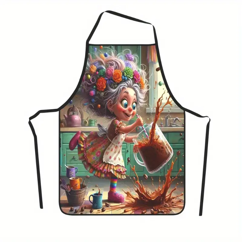 1pc Grandma Floral Dress Cooking Apron with Whimsical Cartoon Design - Durable Polyester Kitchen Apron for Baking, Gardening, Painting, BBQ & Parties - Vibrant Colors & Playful Patterns, Cooking Wear | Floral Apron | Polyester Apron