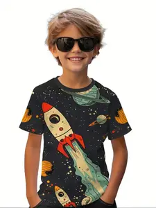 Space Theme T-Shirt Rocket Planet Starry Sky Pattern Graphic Print Shirt, Breathable Short Sleeve Unisex Kids, Summer Casual Outdoor Sportswear
