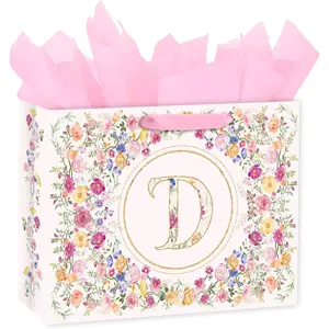 13" Large Floral Monogram Letter D  Bag, Personalized Alphabet Flower Initial  Bag with Tissue Paper for Girls, Birthday, Wedding, Mother's Day, Bridal Shower, 13" x 5" x 10", 1 count