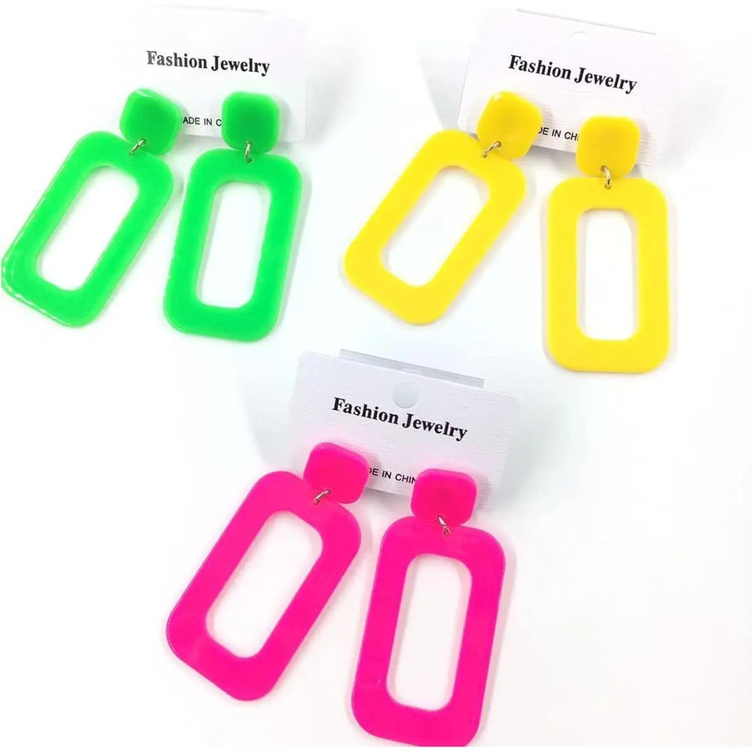 Women's Neon Acrylic Geometric Square Hollow Drop Dangle Earrings - Vintage, Minimalist, Multicolor, 80s Retro Party Costume Accessory, Female Fashion Jewelry