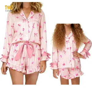 Mommy And Me Matching Valentines Pajamas Set Striped Bow Love Heart Print Button Up Lapel V Neck Long Sleeve Tops And Shorts Holiday Family Matching Homewear Sleepwear