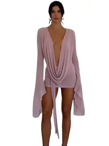 Chic Cowl Neck Mesh Mini Bodycon Flare Sleeve Coverup Dress Fashion Fit Womenswear