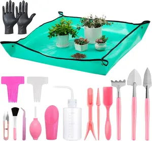 25 count Mini Garden Hand Transplanting Succulent Tools Set, 39.4" Thickened Repotting Mat &  Tag, Miniature Planting Indoor Fairy Care, Potting, Cactus, Houseplant Bonsai Tool Kit (Pink)