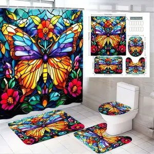 1/4pcs Stained Glass Butterfly Floral Bathroom Set - Shower Curtain Sets, Rectangular & Curved Toilet Mat, Toilet Seat Cover - Whimsical Colorful Design for Easter/Valentine’s Day/Home Decor