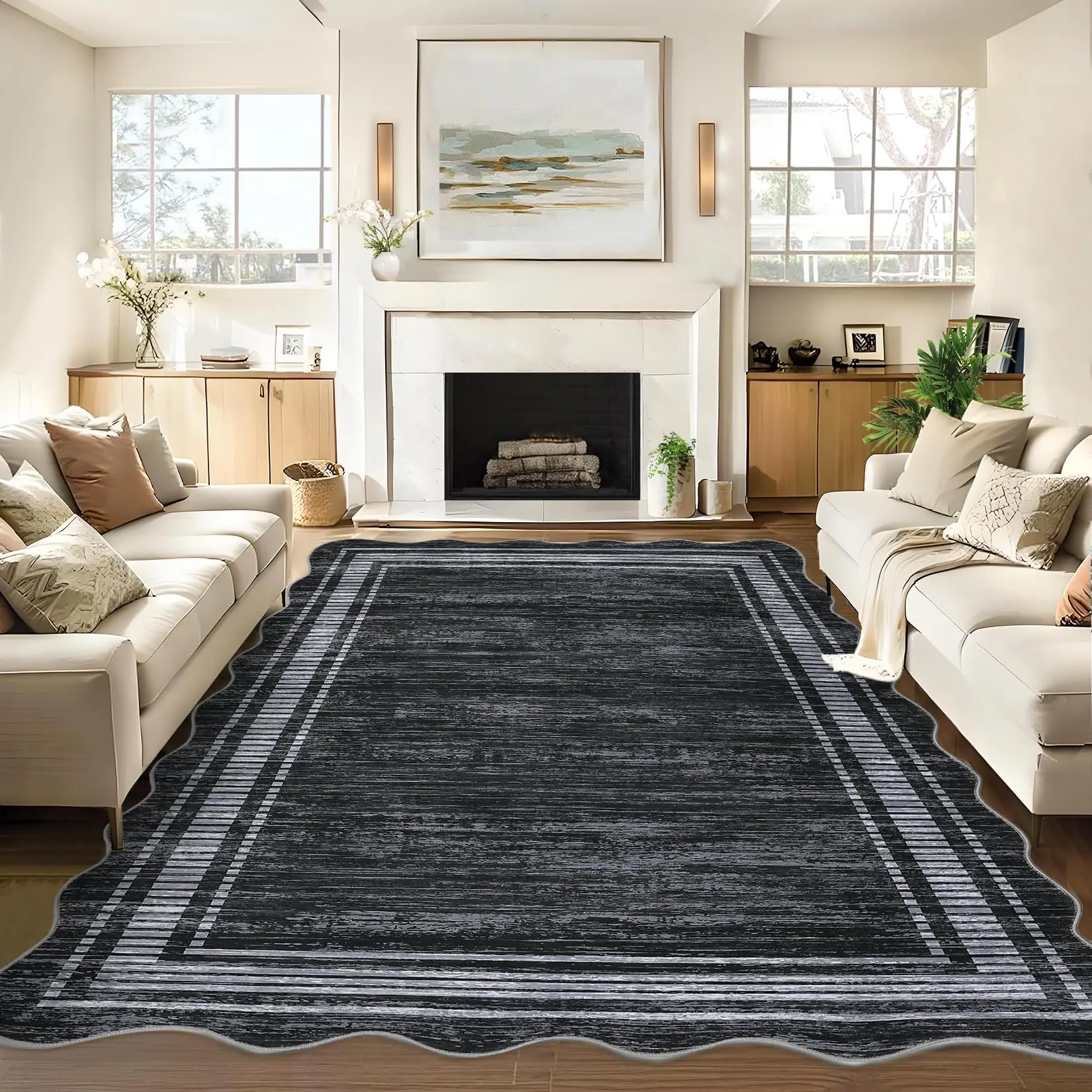 GARVEE Scalloped 9x12 Area Rugs for Living Room Washable Rugs,Abstract Border Solid Rug Soft Low-Pile Non-Slip Stain Resistant Large Carpet for Dining Room Bedroom Farmhouse 9x12ft,Black