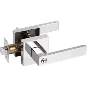 Heavy Duty Square Keyed Door Lever with Lock and Key, Polished Chrome Entrance Door Handle for Exterior or Interior Doors[Reversible for Right & Left Handing], 1 Pack