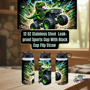 12oz Kids Stainless Steel Sports Cup – Monster Truck T-Rex Edition by MRS Rare Designs (Leak-Proof with Flip Straw Cap)