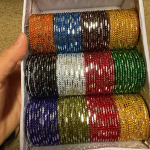 Beautiful One Dozen Metal Bangles Set Various Color Sparkling  Design in Assorted Colors kids size 2”