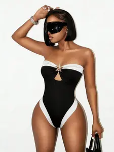 Trendy Colorblock Swimsuit, Halter Neck Design Highlights Shoulder Line, High Waist Cut Enhances Figure, Star Accessory Adds Elegance, High Waisted Swimsuit