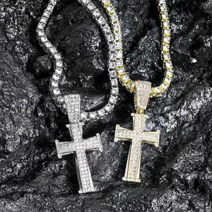 Men’s cross iced-out pendant tennis chain necklace, gold and silver tone hip hop accessory