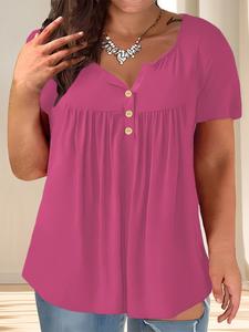 【plus size】 solid color button front tee, casual short sleeve scoop neck t-shirt for summer, women's clothing for daily wear, casual top