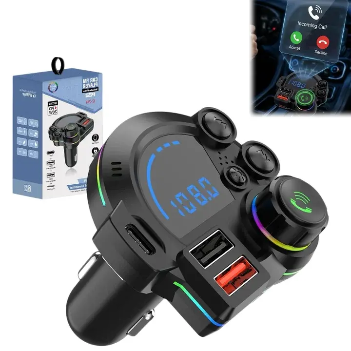 Wireless Car MP3 Player with 20W PD Type-C Fast Charger, Bluetooth 5.3 FM Transmitter, Dual USB Ports, RGB LED Light, Bass Boost Sound, Hands-Free Calling Car Audio Adapter for Road Trips & Daily Driving, 12V-24V Compatible